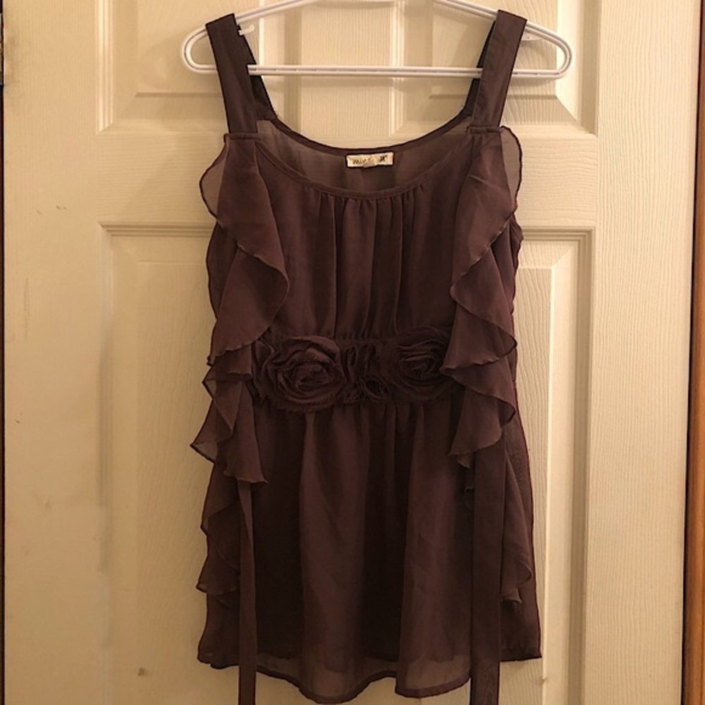 NWOT “Mine” Flowy Floral Frill Flanked Tank Top with Back Tie